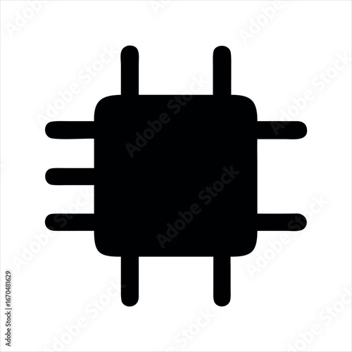 Simple black silhouette icon representing a central processing unit or microchip with protruding pins