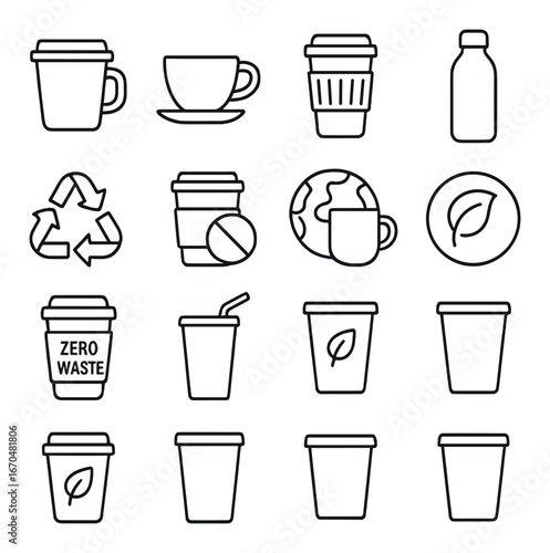 Eco-friendly beverage icons: coffee cups, recycle symbol, zero waste, earth, leaf