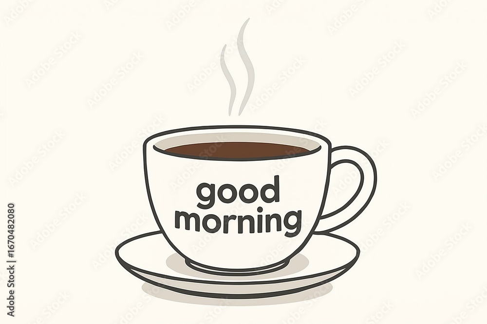 Obraz premium Steaming cup of coffee with good morning message on a saucer