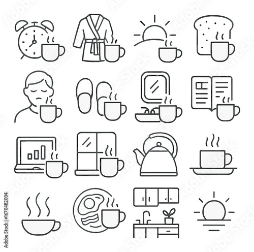 Morning routine icons featuring coffee, breakfast, and daily activities