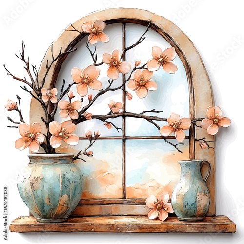 watercolor vector of Spring Blossom Window Frame, isolated on a white background.