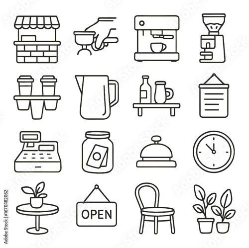 Line art coffee shop icons set featuring equipment and decor elements