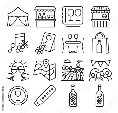 Wine festival icons: outdoor tents, tasting, vineyard tours, and live music