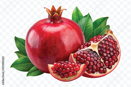fresh pomegranate with slice and  leaves in different style isolated on transparent background