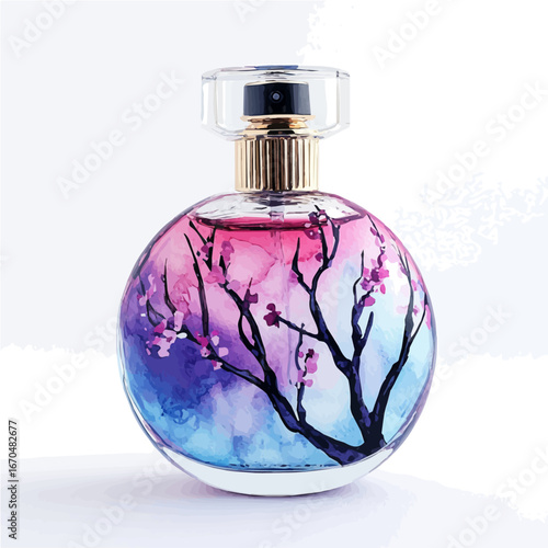 watercolor vector of Spring Blossom Perfume Bottle, isolated on a white background.