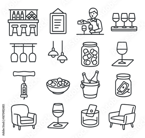 Wine tasting icons set: glasses, bottle, corkscrew, bar, pairing