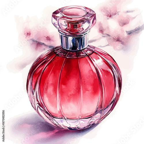 Spring Blossom Perfume Bottle, watercolor painting vector, isolated on a white background.