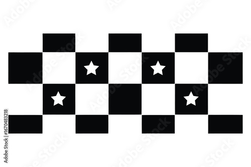 Checkered pattern with black and white squares and stars isolated on white background