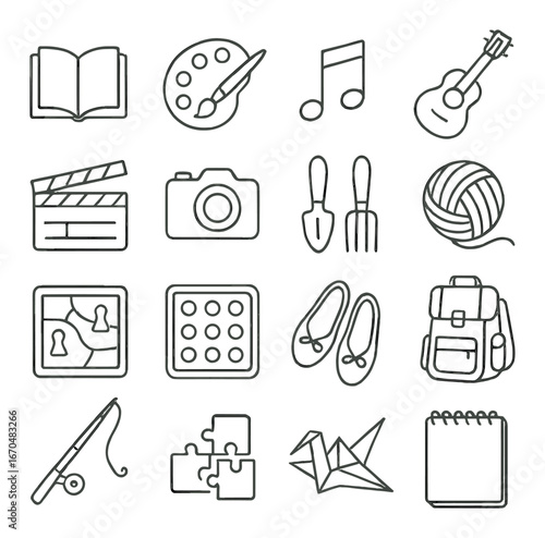 Art and leisure icon set: music, painting, photography, crafting, outdoor activities