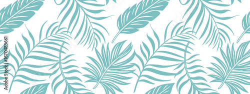 Seamless tropical palm leaf pattern in teal color on white background, perfect for summer textile, wallpaper, and beach design. Exotic botanical illustration style. High-quality decorative vector text
