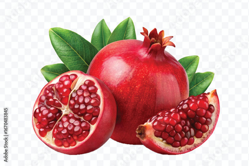 fresh pomegranate with slice and  leaves in different style isolated on transparent background