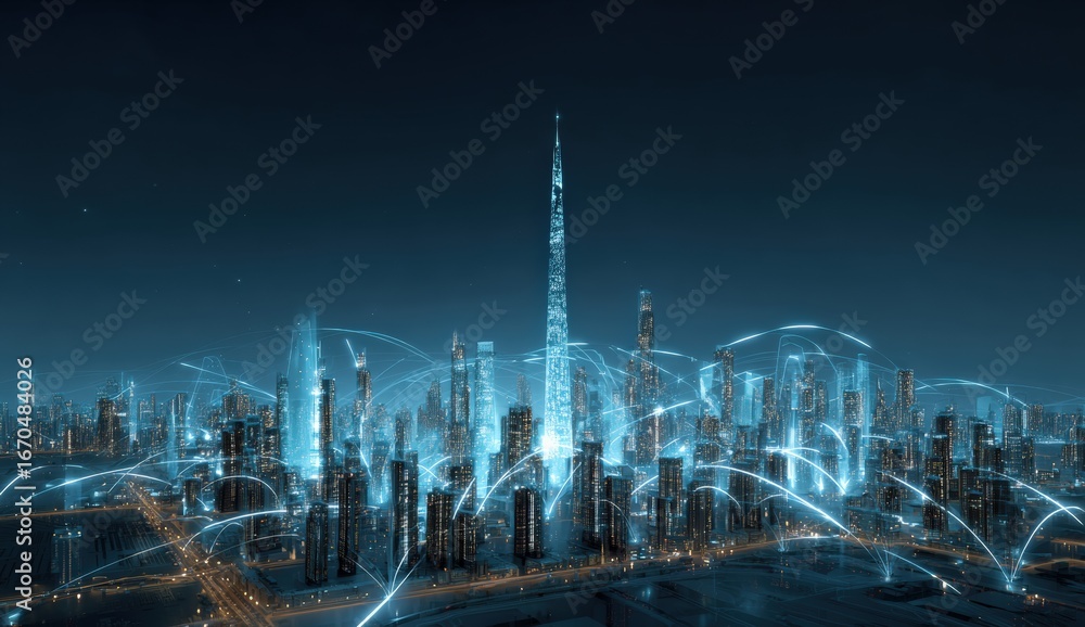 Fototapeta premium Futuristic city skyline at night, network connections