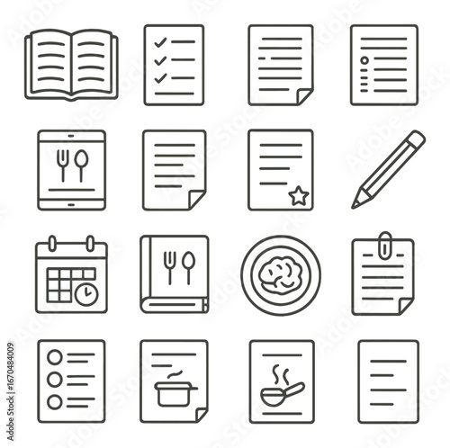 Collection of culinary and document icons with food and note symbols