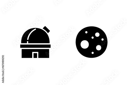 Silhouette observatory building moon with craters dome telescope