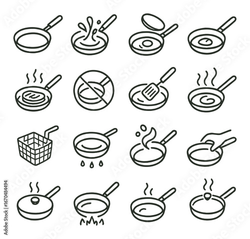 Black line cooking icons on yellow background with frying pans and kitchen utensils