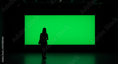 Woman viewing bright green screen in dark room ready for creative projects and digital content overlaying