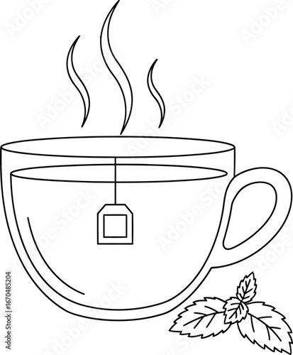 Steaming cup of herbal tea with mint leaves presented in a minimalist style