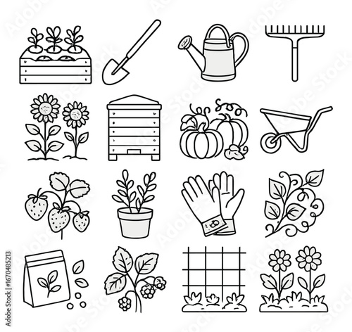 Garden tools and plants icons set: shovel, rake, watering can, wheelbarrow, flowers, vegetables