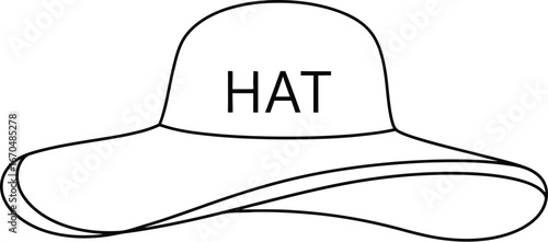 Outlined sun hat with the word hat written on it in a simple black and white