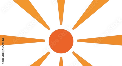 Orange sun with rays on a white background radiates warmth and summer energy