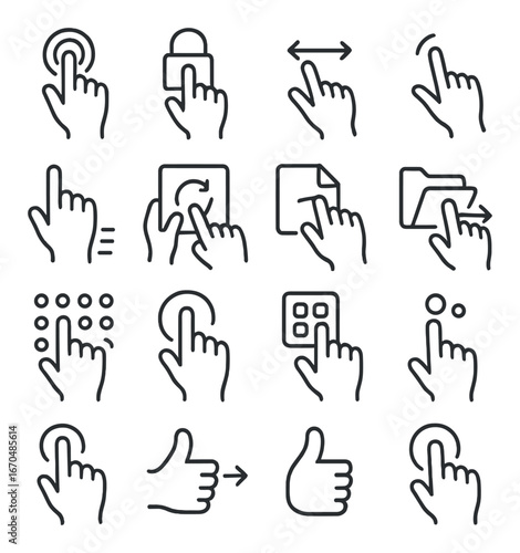 Set of hand gesture icons for touchscreen interactions and navigation