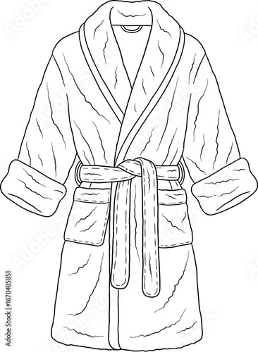 Outlined plush bathrobe with a tied belt on a white background is displayed