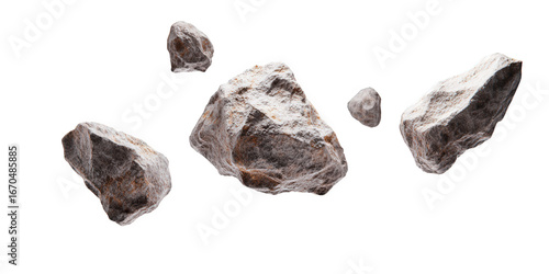 Several rocks falling and floating isolated on transparent background