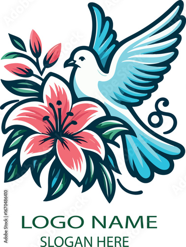 Dove and lily flower logo icon vector white background .