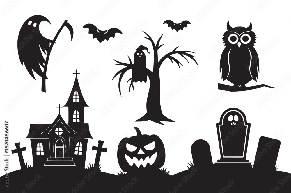 Obraz premium Halloween Vector Silhouettes Grim Reaper, Haunted House, Owl, Pumpkin, Bats, Spooky Tree and Tombstone