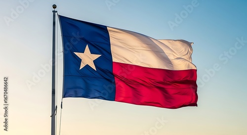 Texas State Flag Waving Proudly Against Blue Sky.