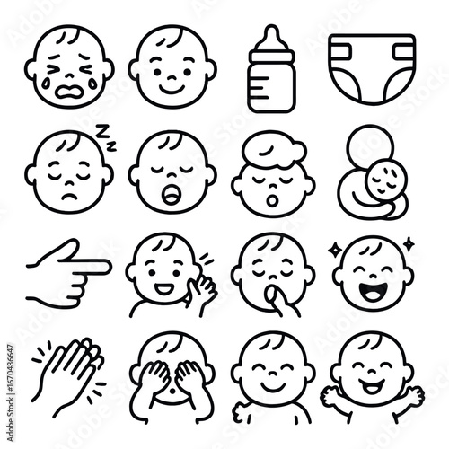 Set of baby icons featuring various expressions and activities
