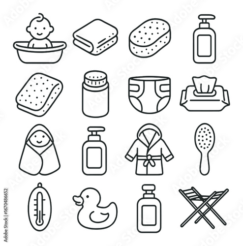 Baby hygiene essentials icons: bath, diaper, soap, lotion, toys, towels for childcare