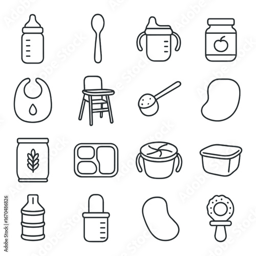Baby feeding essentials icons - bottles, spoon, bib, high chair, food containers