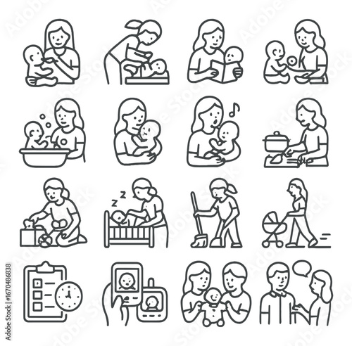 Caucasian female adult caregiving activities with child - parenting, cooking, cleaning, bathing
