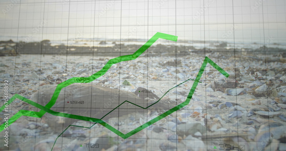 Fototapeta premium Lying harbor seal resting on beach near sea, with green graph overlay gridlines and numeric labels