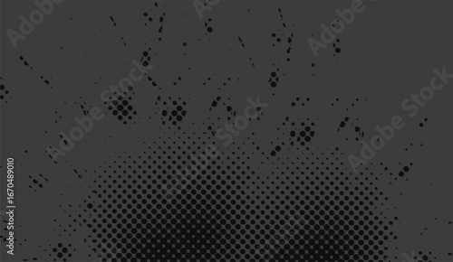 Abstract grayscale background showcases a gradient of halftone dots and splatters creating a modern, textured, and visually captivating design that evokes depth