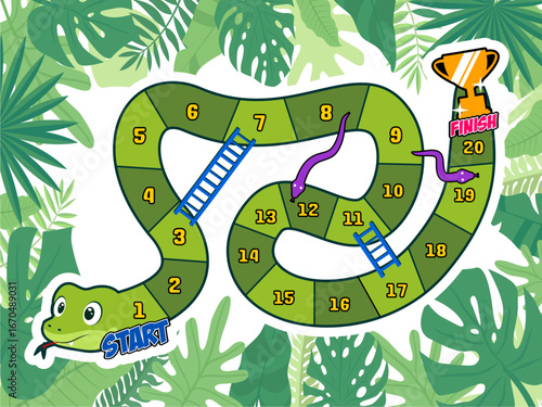 snakes and ladders game level grid board with cute color snake