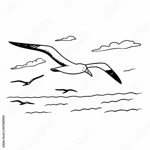 Hand drawn illustration of seagulls flying over the ocean waves with clouds