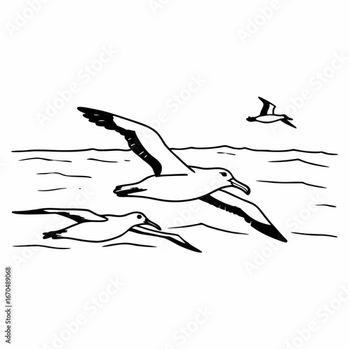 Three seagulls flying over the ocean waves in a simple line drawing style