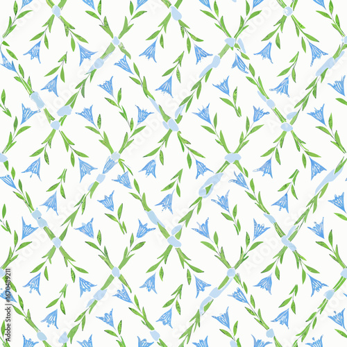 Delicate blue bell flowers with green leaves in a seamless diagonal pattern