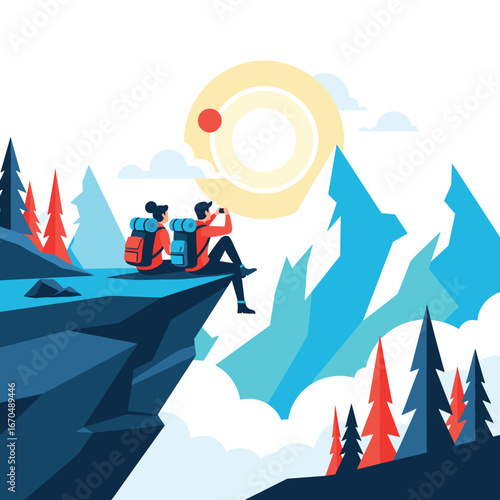 Two hikers enjoying a breathtaking mountain vista under the warm summer sun and bright blue sky