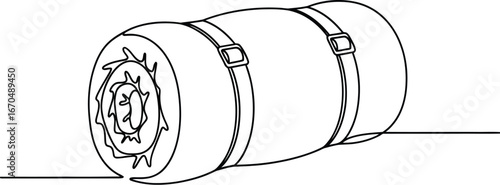 Minimalist line drawing of a rolled sleeping bag ready for outdoor adventures