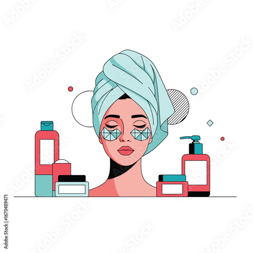 Woman enjoying pampering skincare routine with various beauty products for a radiant complexion