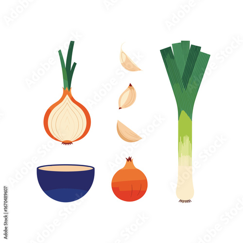 Fresh ingredients for culinary creation aromatic onion and leek preparation for healthy meals