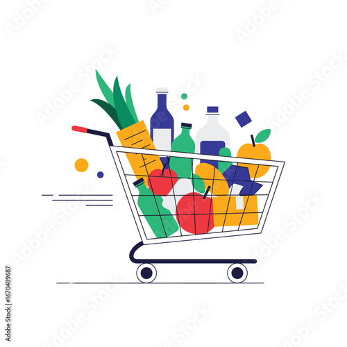 Grocery shopping cart filled with fresh foods and beverages for daily needs