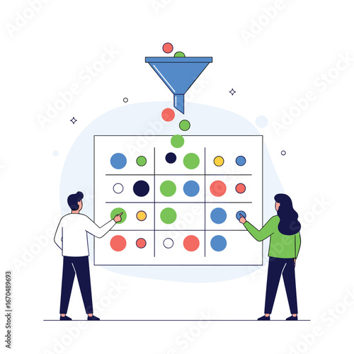 Visualizing data analysis and insight generation using a funnel chart with people interacting with data points