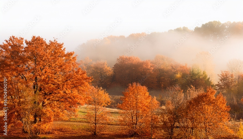 Fototapeta premium paisagem de outono com arvores em tons de laranja e nevoeiro suave fundo transparente