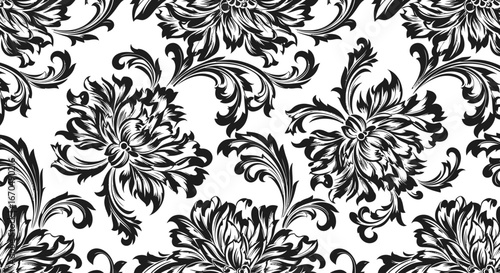 Luxurious Black and White Seamless Damask Ornate Pattern Design
