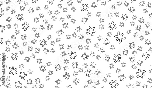 Abstract monochrome pattern features outlined star-like shapes scattered on a pristine white background, creating a simple yet visually engaging design with graphic elegance