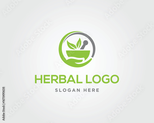 Green herbal mortar pestle logo design natural medicine branding vector template